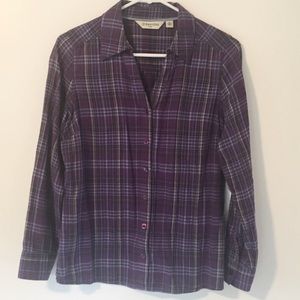 St. John’s Bay V-neck Purple Button Down Plaid Blouse Petite Medium